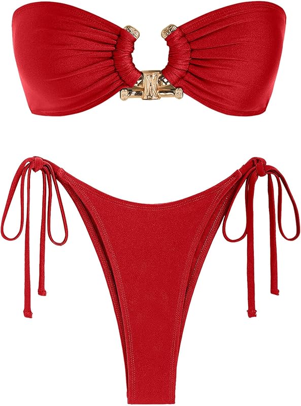 ZAFUL Metal Ring Bandeau Bikini Set Tie Side Bathing Suit High Cut 2 Piece Swimsuit Cutout Swimwear - TrendyLookz