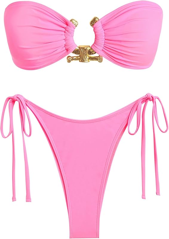 ZAFUL Metal Ring Bandeau Bikini Set Tie Side Bathing Suit High Cut 2 Piece Swimsuit Cutout Swimwear - TrendyLookz