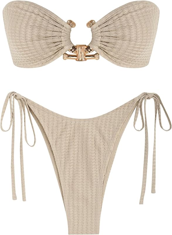 ZAFUL Metal Ring Bandeau Bikini Set Tie Side Bathing Suit High Cut 2 Piece Swimsuit Cutout Swimwear - TrendyLookz