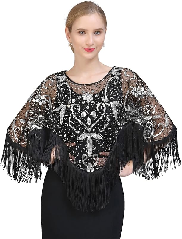 Z&X Women's 1920s Beaded Sequin Shawl Wrap Fringed Evening Party Cape Wedding Bridal Cover Up Scarf - TrendyLookz