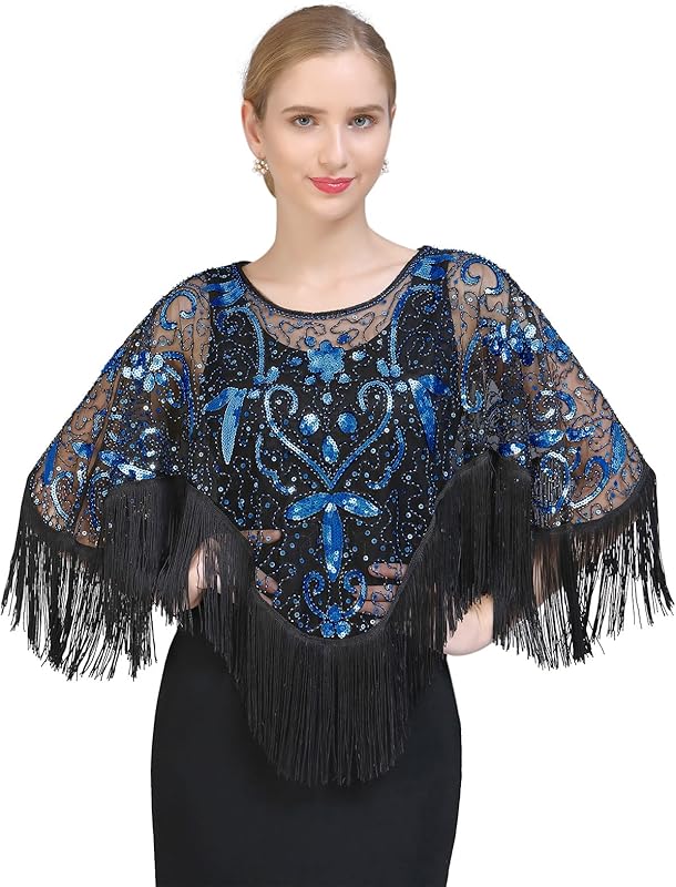 Z&X Women's 1920s Beaded Sequin Shawl Wrap Fringed Evening Party Cape Wedding Bridal Cover Up Scarf - TrendyLookz