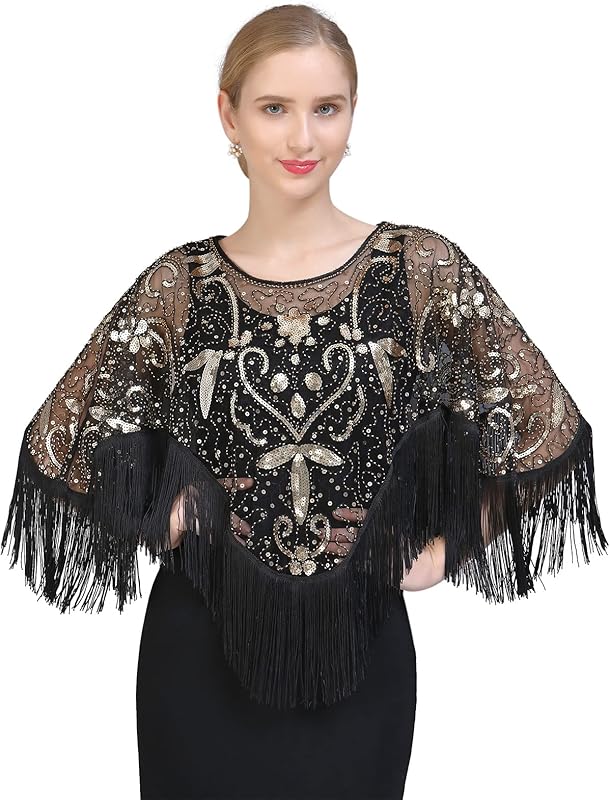 Z&X Women's 1920s Beaded Sequin Shawl Wrap Fringed Evening Party Cape Wedding Bridal Cover Up Scarf - TrendyLookz