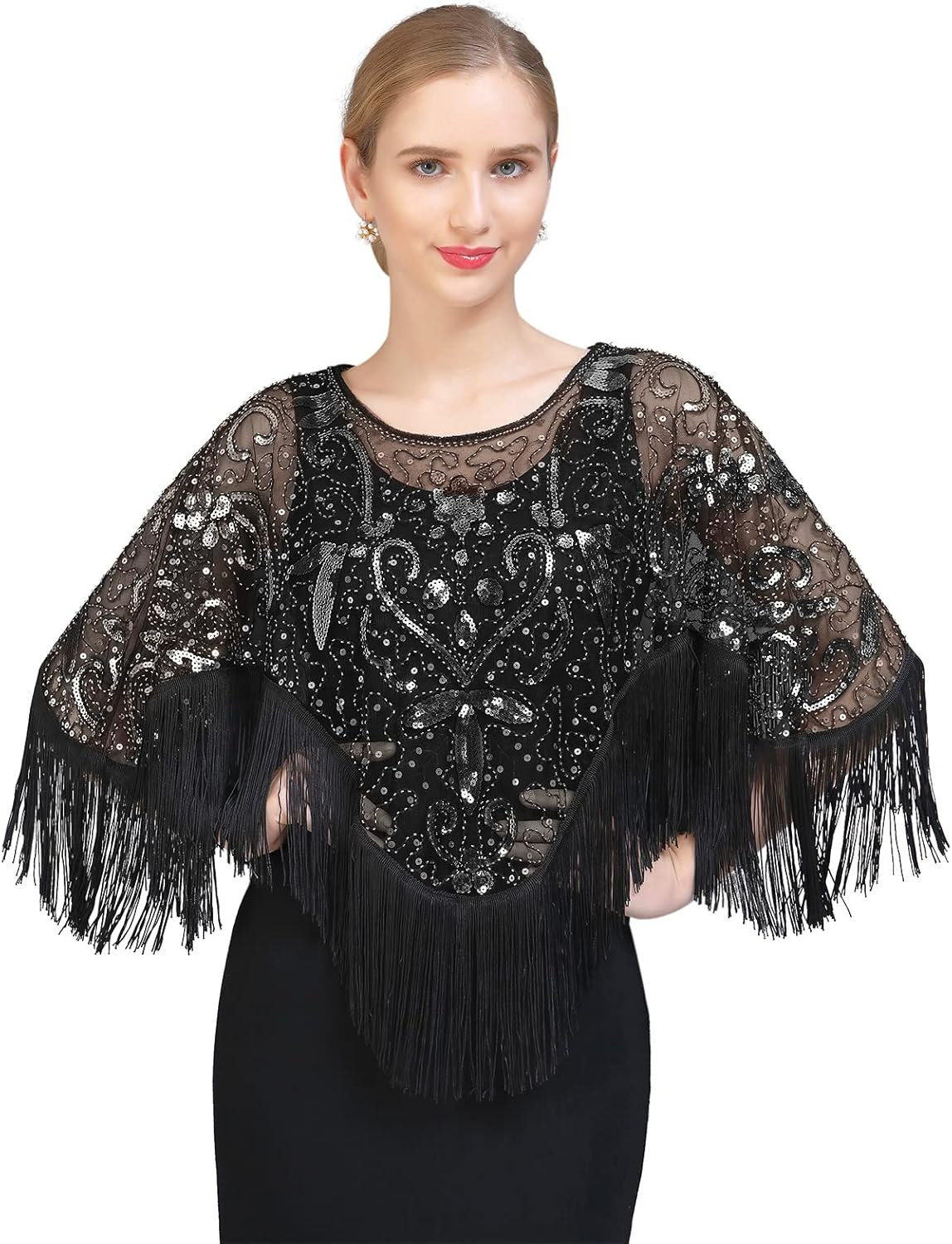 Z&X Women's 1920s Beaded Sequin Shawl Wrap Fringed Evening Party Cape Wedding Bridal Cover Up Scarf - TrendyLookz