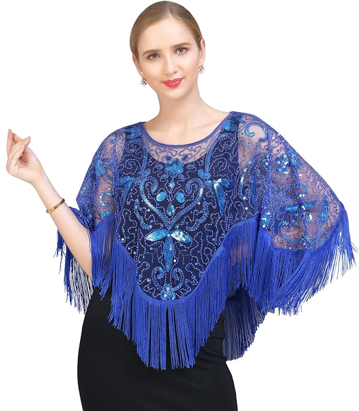 Z&X Women's 1920s Beaded Sequin Shawl Wrap Fringed Evening Party Cape Wedding Bridal Cover Up Scarf - TrendyLookz